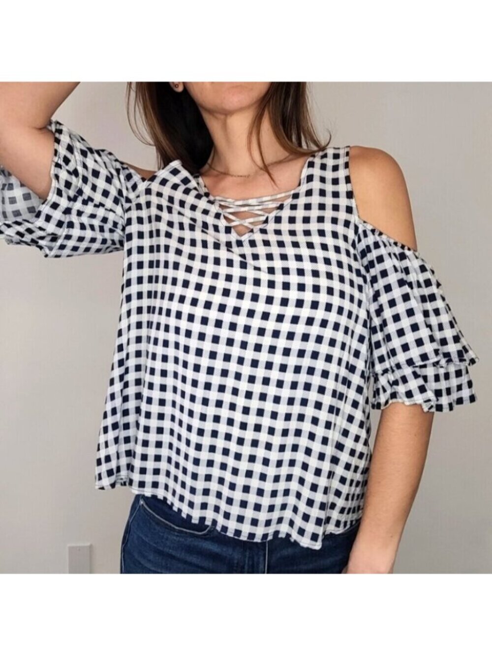 SO Navy & White Checkered Cold Shoulder Layered Sleeve Blouse Size Medium